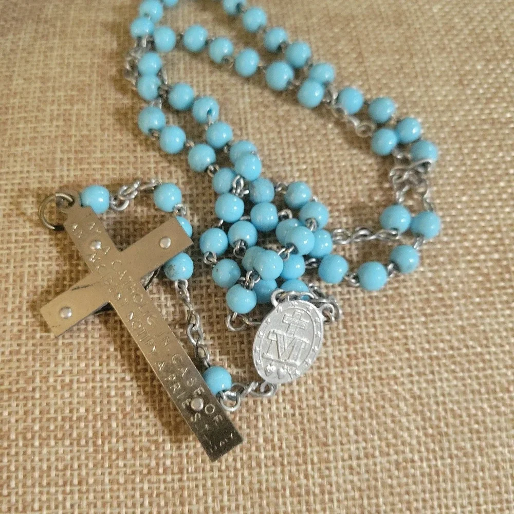 Vintage Baby Blue Glass Bead Travel Rosary Catholic Crucifix 15